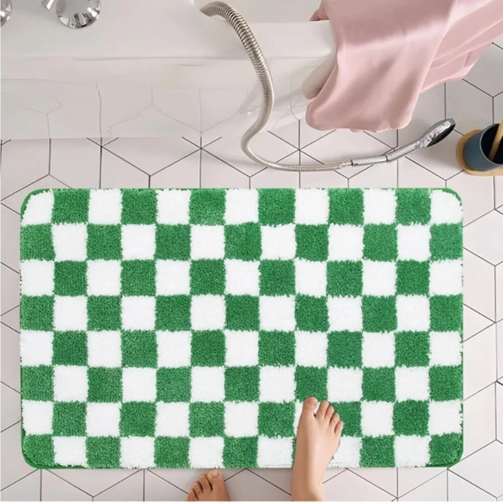 Checkered Bath Mat Green White Bathroom Rugs Moroccan Checkerboard Rug Non Slip